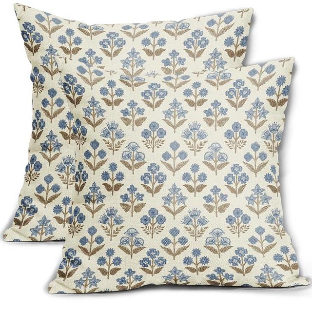 Sivirary Brown Blue Floral Pillow Covers 22x22 Inch Set of 2, Vintage Flower Block Pattern Decorative Throw Pillowcases Outdoor Farmhouse Cushion Covers Spring Summer Rustic Sofa Couch Bed Decor