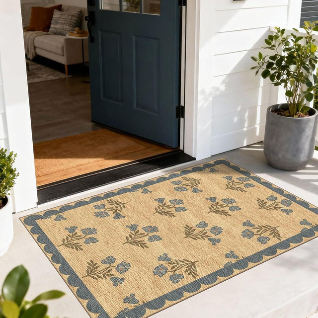 Othilic Floral Outdoor Rug - 28" x 43" Front Door Mat Indoor Outside Entrance Non-Slip Washable Outdoor Mat Jute-Look Blue Scalloped Rug for Entryway Kitchen Mudroom Layered Doormat for Front Porch