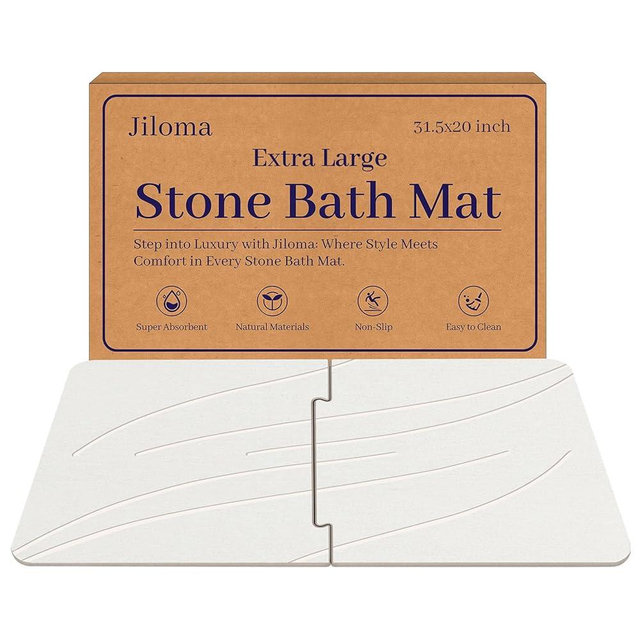 Jiloma 32 * 20 Stone Bath Mat Extra Large Diatomaceous Earth Shower Mat Non-Slip Super Absorbent Diatomite Stone Bath Mats for Bathroom Floor Quick Drying Bath Rugs Easy to Clean （White）