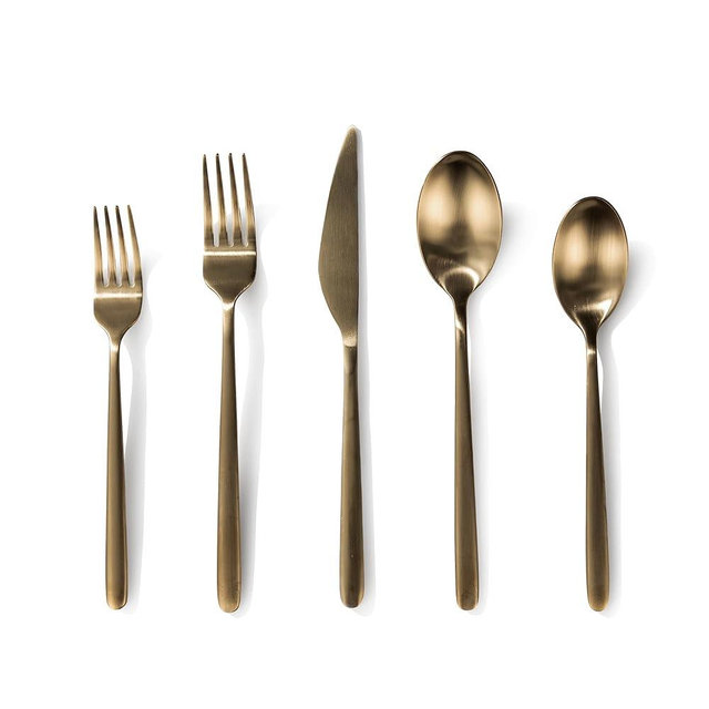 JazzUpCo Haelynn 2.0 Flatware non toxic 18/10 stainless steel dishwasher safe (Matte Gold, 4 Person Set (20 Pieces))