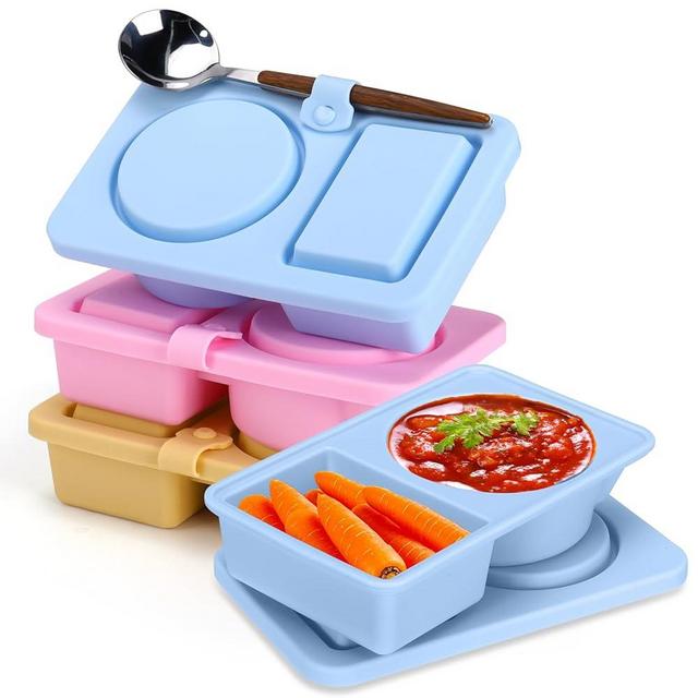 Palksky Silicone Snack Container with Lids, 4Pack 2/Tow/Double Compartment Snackle Box Containers, Reusable Condiment Containers, Small Mini Food Snack Boxs