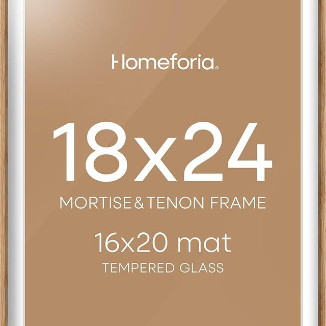Homeforia 18x24 Natural Wood Frame, Mortise & Tenon Light Oak 18 x 24 Picture Frames with Mat 16 by 20 for Wall, 24x18 Solid Wooden Frame Matted to 16x20 inch Photo, Tempered Glass, Wall Kit, Set of 1