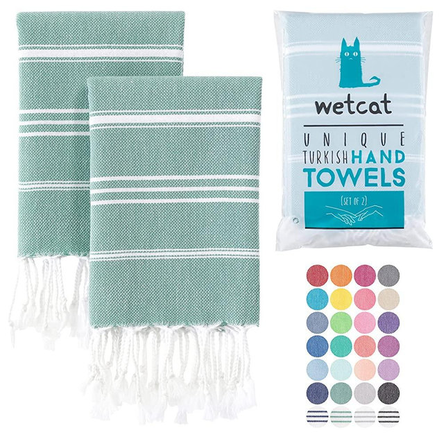WETCAT Turkish Hand Towels with Hanging Loop (20 x 30) - Set of 2, 100% Cotton, Soft - Prewashed Farmhouse Boho Hand Towels for Bathroom - Unique Teal Kitchen Towels Decorative Set