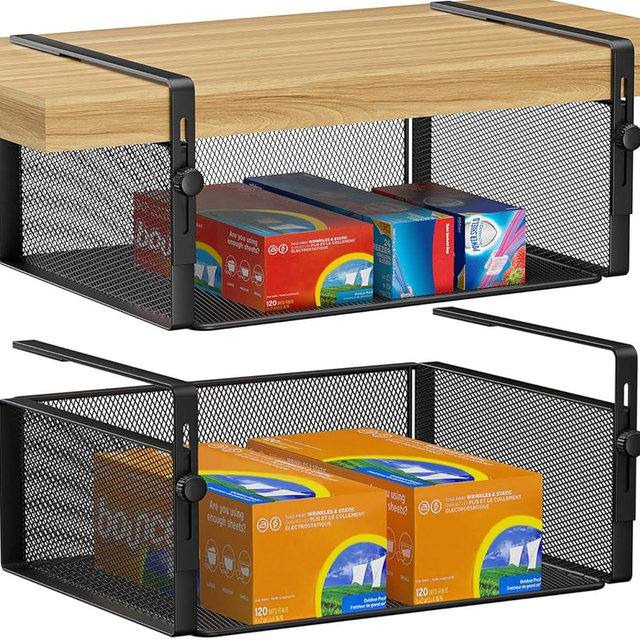 AmonHouseware 2Pack Under Shelf Basket Organizer,Adjustable Hanging Holder for Cabinet Pantry Kitchen Cupboard Desk Counter Bookshelf Organization Add-on Space Saver Heavy Duty Slide-in (Black, Large)