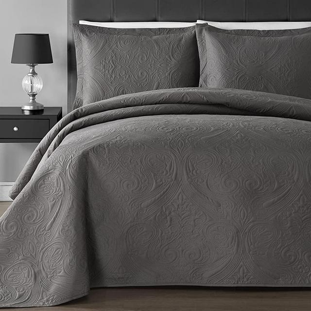 Comfy Bedding Extra Lightweight and Oversized Thermal Pressing Floral 3-piece Coverlet Set (King/Cal King, Gray)