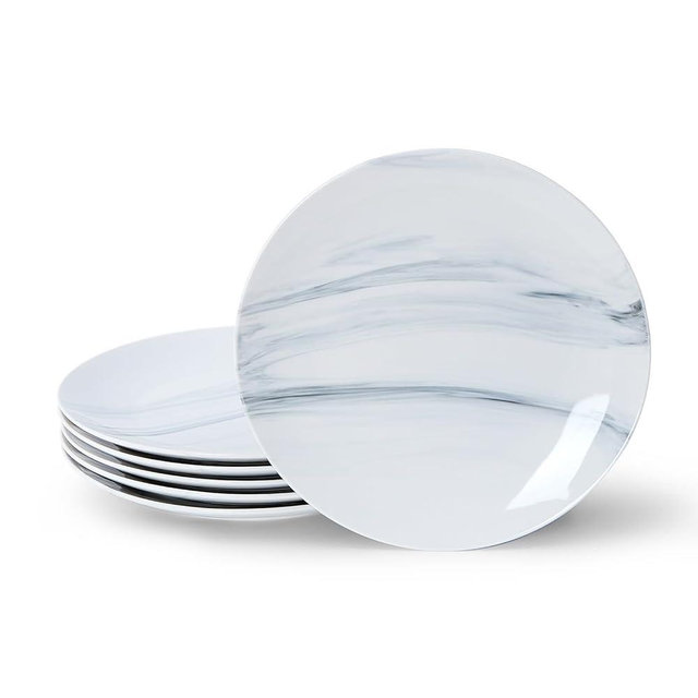 bestone Dinner Plates, 10.5 Inch Plates Set of 6, Porcelain Round Dessert Salad Dinner Plates, Serving Dishes for Kitchen, Dishwasher, Microwave, Freezer, Oven Safe, Marble Blue
