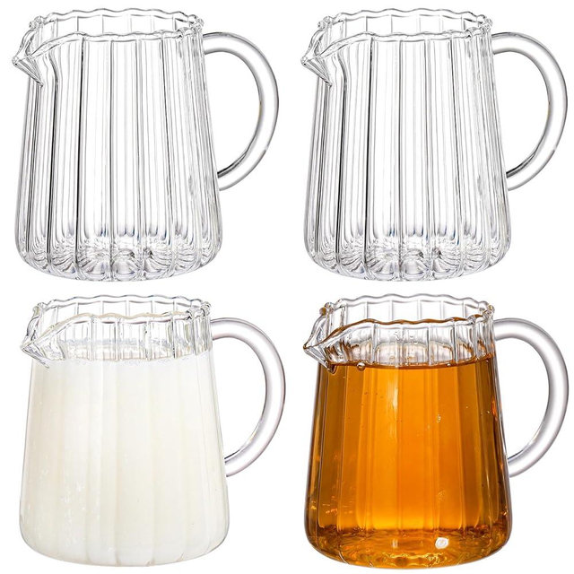 Yarlung 4 Pack Small Glass Pitcher, 8.5 Oz Crystal Clear Milk Creamer Pitcher with Handle, Creative Milk Frothing Coffee Pitcher Tea Fair Cups for Table Serving, Salad Sauce, Elegant Wave Shaped