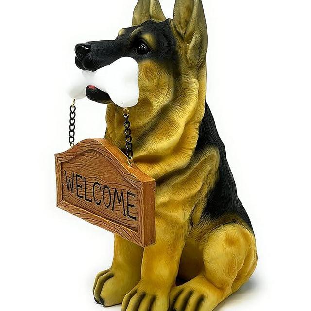 Nature's Mark German Sheperd Dog Puppy Statue with Reversible Welcome Sign and Go Away Sign Resin Garden Decor 12" H