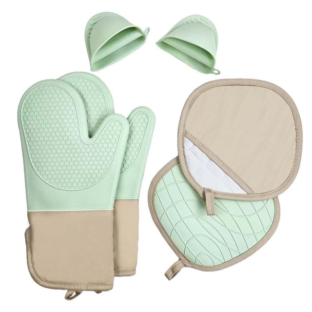 6 Pack Silicone Oven Mitts, Non-Slip Heat Resistant Kitchen Grilling Mitts with Soft Cotton Lining, Washable & Light Green
