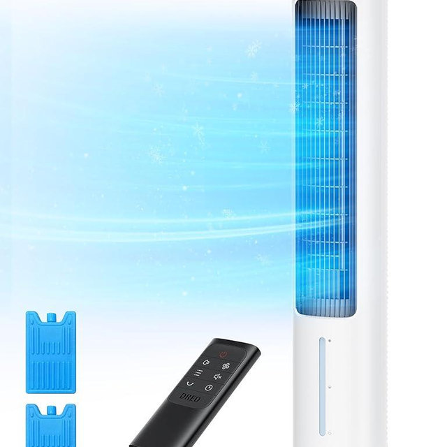 Dreo Evaporative Air Swamp Cooler, 40” Standing Fans that Blow Cold Air, 80° Oscillating Bladeless Cooling Fan for Bedroom, Removable Water Tank, Ice Packs, Remote Control, 4 Speeds, White and Black