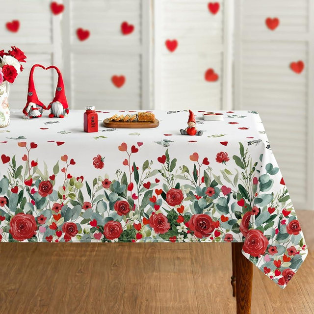 Horaldaily Valentine Tablecloth 60×84 Inch Rectangular, Rose Flower Butterfly Red Hearts Washable Table Cover for Party Picnic Dinner Decor