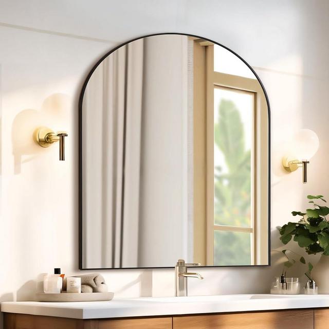 Mirrorons 33 x 31 Inch Arched Bathroom Mirror, Black Modern Wall Mirror with Metal Frame, Arched Top Bathroom Vanity Mirror for Bedroom, Living Room, Entryway, Shatterproof