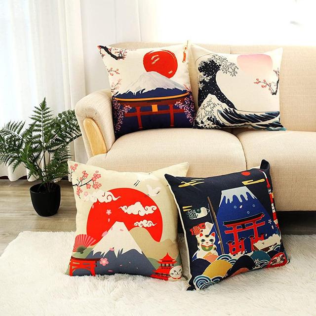 LIGICKY Set of 4 Farmhouse Japanese Style Decorative Throw Pillow Covers Fuji Mountain Print Linen Pillows for Couch Cushion Bed Outdoor Decor 18x18 Inch