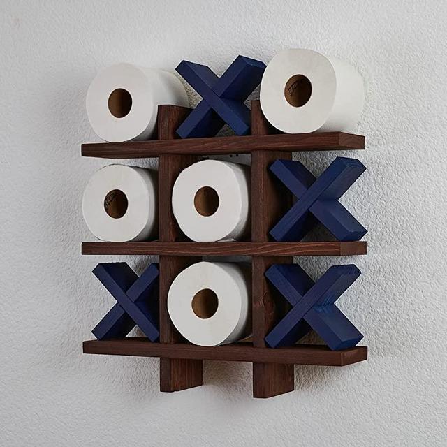 Bath Tic Tac Toe, Toilet paper Holder, Free Shipping, Bathroom Decor, Rustic Bath Shelf, Wood bath Shelf (Chestnut-Blue X, Classic)