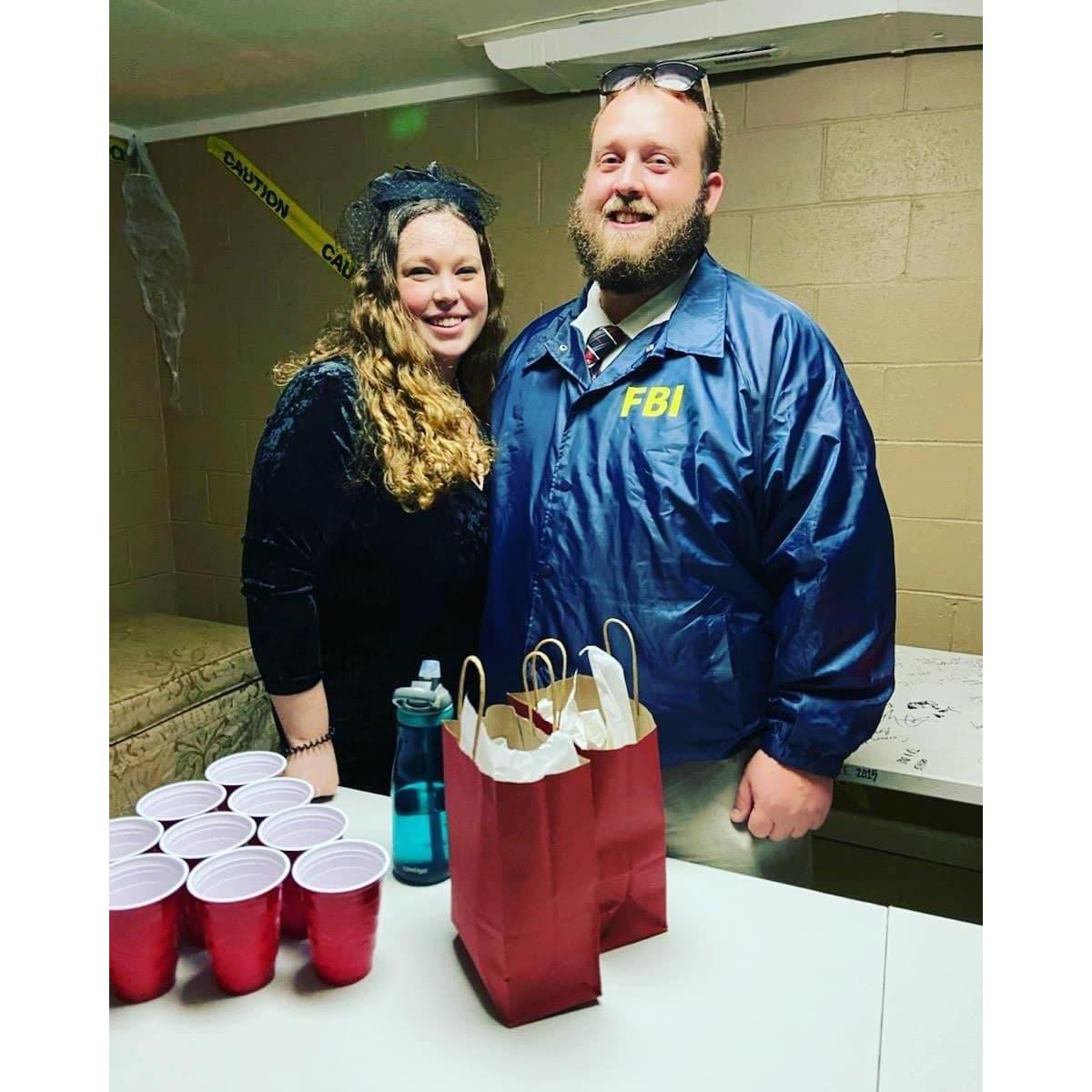 Katie (Janet Snakehole) and John (Burt Macklin) after winning the Beer Pong Tournament on Halloween!