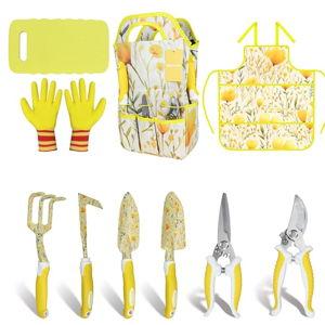 Yellow Garden Tools Set for Women, iHansee 10-Piece Gardening Tool Kit with Handbag, Non-Slip Ergonomic Handles, Gardening Gift for Women, Mom, Garden Lovers