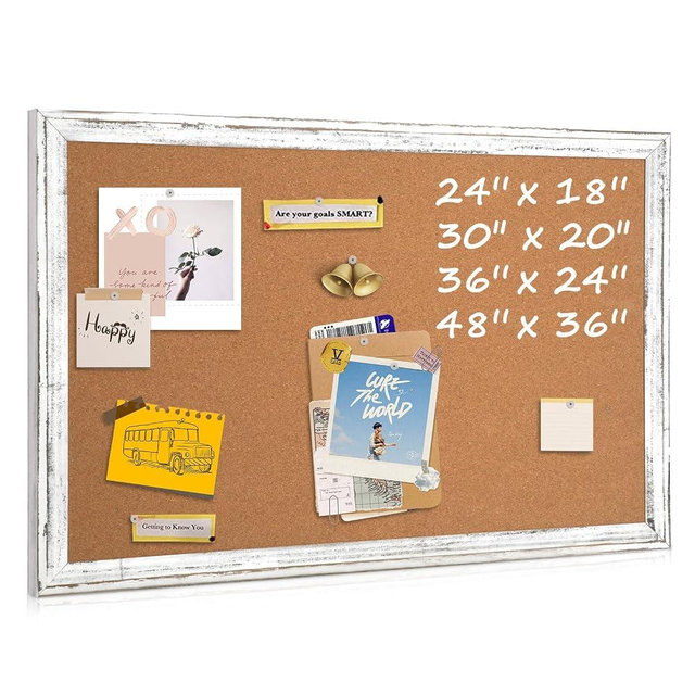 QUEENLINK Cork Board Bulletin Board, 30" x 20" Rustic White Wooden Frame Corkboard for Wall, Hanging Vision Board, Pin Board for Home Room Dorm Office Decor