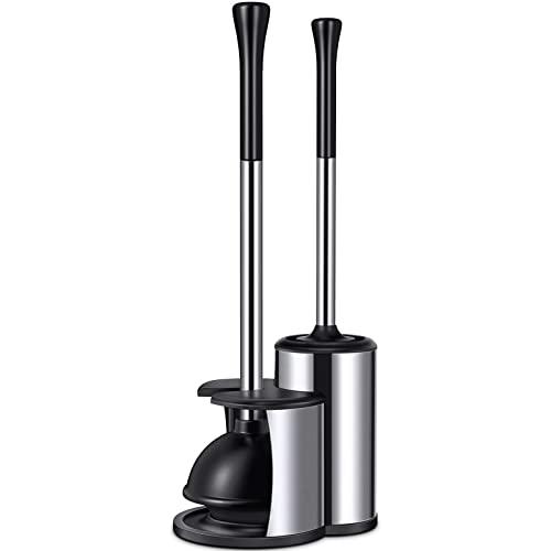 Homemaxs Toilet Plunger and Brush, [2021 Newest] 2 in 1 Toilet Plunger Set with Holder - Powerful Pump & Unique Water Storage Design, 304 Stainless Steel Plunger and Toilet Brush Combo for Bathroom