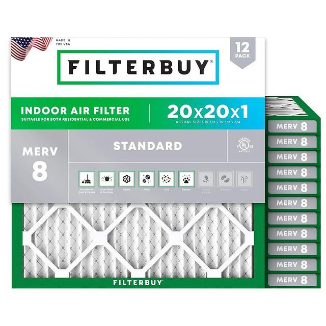 Filterbuy 20x20x1 Air Filter MERV 8 Dust Defense (12-Pack), Pleated HVAC AC Furnace Air Filters Replacement (Actual Size: 19.50 x 19.50 x 0.75 Inches)