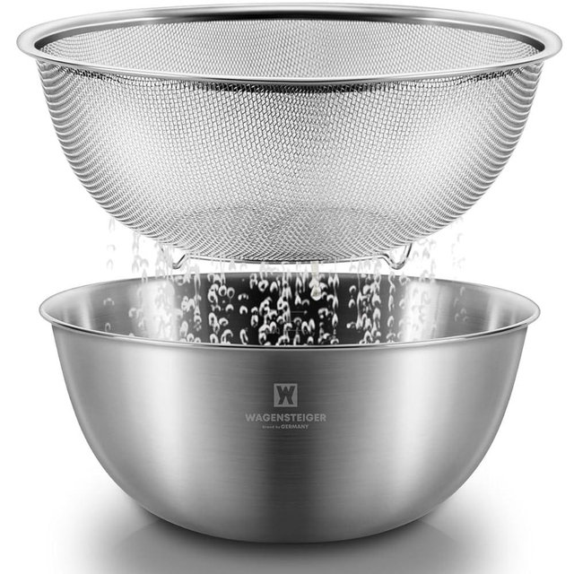WAGENSTEIGER Stainless Steel Mixing Bowl and 3-Legged Colander Set, Multipurpose Kitchen Basket with Fine Mesh Colander, Salad Mixing Bowl with Strainer, Rinsing Vegetables & Fruits (24cm / 9.45")