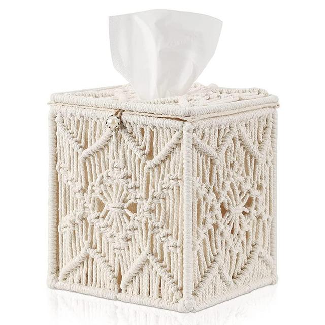 Hossejoy Square Tissue Box Cover, Boho Decorative Tissue Box Holder Dispenser Organizer with Bead Buckle Macrame, for Bathroom Vanity Countertop, Bedroom Dresser, Night Stand, Desk and Table