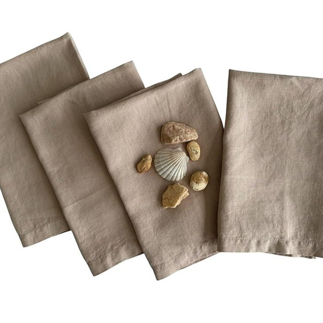 Linen Napkins – Stonewashed Pure Linen Stripe Cloth Dinner Napkins – Created from French Flax - Mitered Corners – Set of 4 (Warm Pebble)