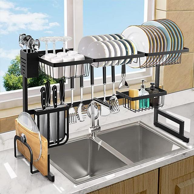 Over The Sink Dish Drying Rack, Length (33.4-41.3'') Adjustable Large 2 Tier Stainless Steel Dish Dryer Rack for Kitchen Organizer Storage Space Saver Shelf Utensils Holder Drainer