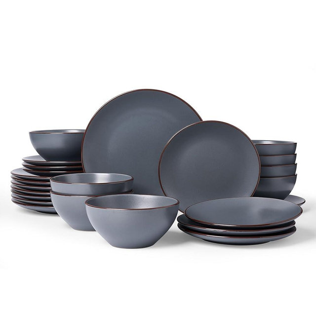 Famiware Venus Ceramic Plates and Bowls Sets, Speckled Dinnerware Dish Sets for 8 (24 Pieces) - Microwave and Dishwasher Safe, Matte Charcoal