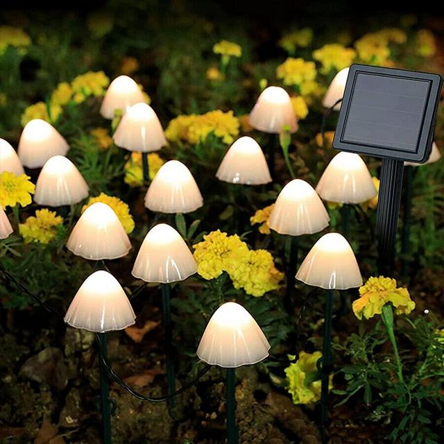 HULPPRE Set of 12pcs Warm White 8 Modes 24ft Mini Mushroom Solar Lights Solar Pathway Lights Outdoor Decoration Fairy Color Changing Solar String Light for Garden,Backyard,Lawn,Party,Christmas