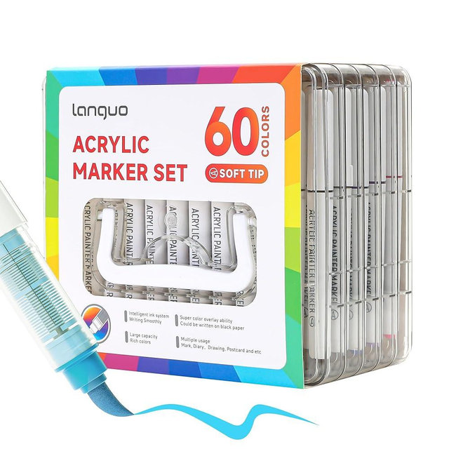 languo 60 Colors Acrylic Paint Markers Pens Set, Soft Brush Tip Markers with Fast Drying & No-Bleed Ink, Acrylic Paint Pens for Rock, Wood, Egg, Ceramic, Fabric Painting, Art Supplies and DIY Crafts