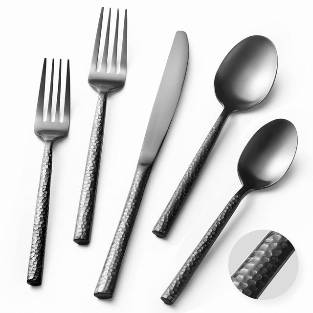 20-Piece Heavy Duty Hammered Silverware Set for 4，Forged Black 18/10 Stainless Steel Flatware Set，Premium Food-Grade Cultery Set Knives，Forks and Spoons Tableware Set，Service for 4
