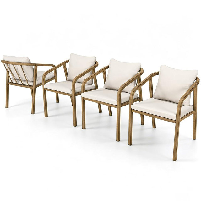SEEHILL Outdoor Dining Chairs Set of 4, Never-Rust Aluminum Patio Dining Chairs with Removable Cushion, Ergonomic Patio Chairs with Wraparound Seating Design for Deck, Lawn, Commercial, Garden, Teak
