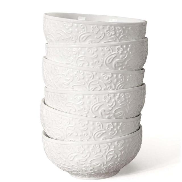 Artena Ceramic Cereal Bowls 26 OZ, Embossment Soup Bowls for Kitchen, Rice, Pasta, Salad, Breakfast, Lunch, Dinner - 6 Inch, Set of 6, White, Dishwasher & Microwave Safe, Flower