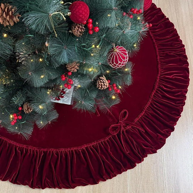 Starry Dynamo 60-Inch Ruffled Velvet Christmas Tree Skirt with Foam Padding, Nylon Backing and Lace-Up Tie Closure, Burgundy