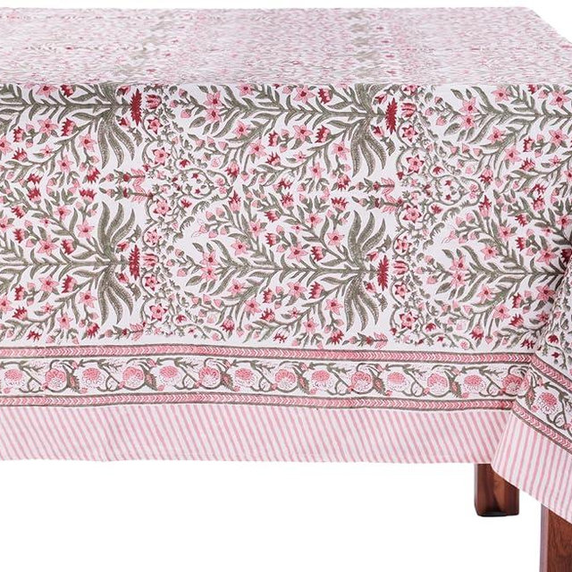ATOSII Nargis Pink 100% Cotton Rectangle Boho Spring Tablecloth, Handblock Floral Table Cloth Linen for Kitchen Dining I Parties Wedding Outdoors Easter Holidays Home Decor 60 X 90 Inches I 6 Seater
