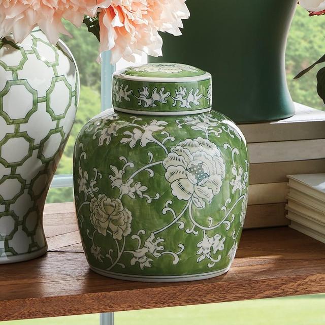 Chinoiserie Lidded Jar, Green and White, Small