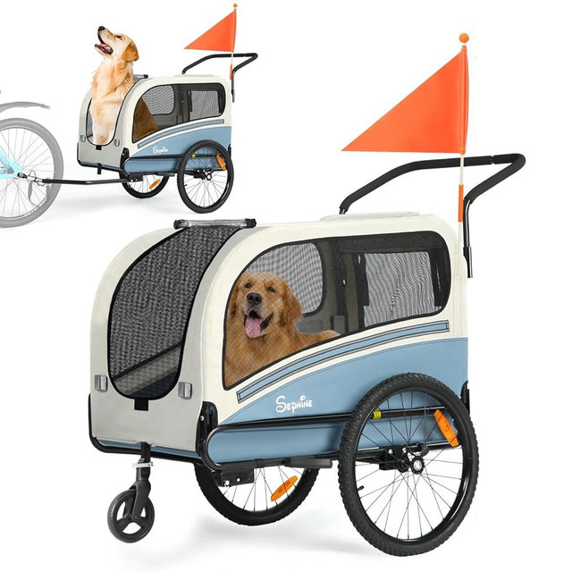 Sepnine Dog Bike Trailer, Supports up to 88 lbs, 2-in-1 Pet Stroller Cart Bicycle Carrier, Easy Folding Cart Frame with Quick Release Wheels, Universal Bicycle Coupler, Non-Slip Floor, Internal Leash