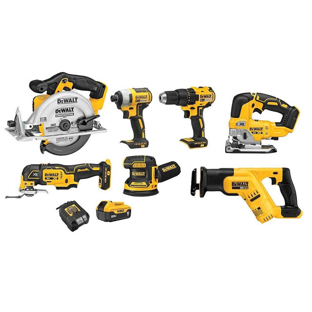 DEWALT 20V MAX 7-Tool Combo Kit, Includes Cordless Drill, Impact Driver, Reciprocating Saw, Circular Saw, Oscillating Tool, Random Orbital Sander, Jigsaw, 5Ah Battery and Charger (DCK751P1)