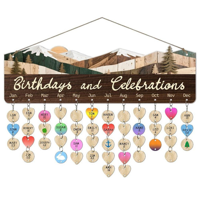 arricraft 1 Set Wooden Family Birthday Reminder Calendar Board, Mountain Pine Trees Board With 100 Pcs Tags DIY Birthday Tracker Hanging Plaque 12x40cm/4.7x15.5inch for Home Decoration Friends