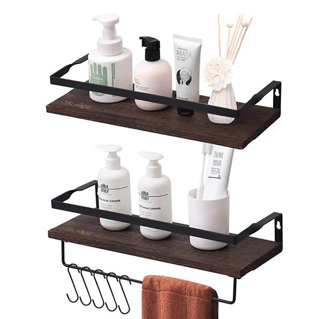 Z&L HOUSE Rustic Floating Shelves Wall Mounted, Pine Wood Set of 2，5 Hooks，for Kitchen,Bathroom, and Bedroom,(Brown)