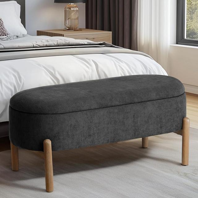 Storage Bench Ottoman Upholstered Corduroy Bench for Bedroom End of Bed Aesthetic Large Oval Storage Ottoman for Living Room Entryway (Grey)