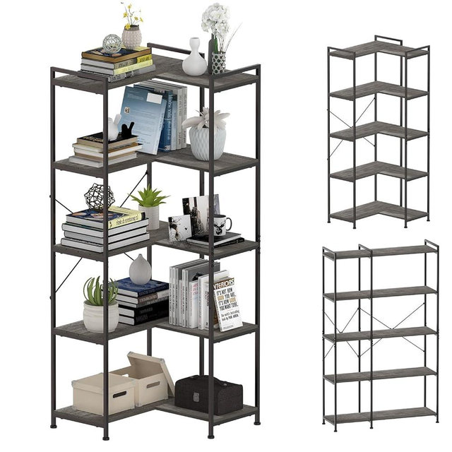 Tohomeor Bookshelf 5 Tier Deformable Corner Bookcase Free Standing Modern Industrial Book Storage Display Book Shelf for Bedroom Living Room Study Room Office (Dark Grey)
