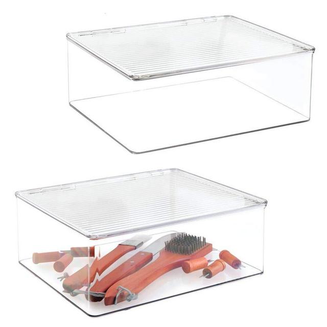 mDesign Plastic Stackable Kitchen Pantry Cabinet/Refrigerator Food Storage Container Box with Lid - Organizer and Holder for Packets, Snacks, Fruits, Produce, Pasta - 2 Pack - Clear