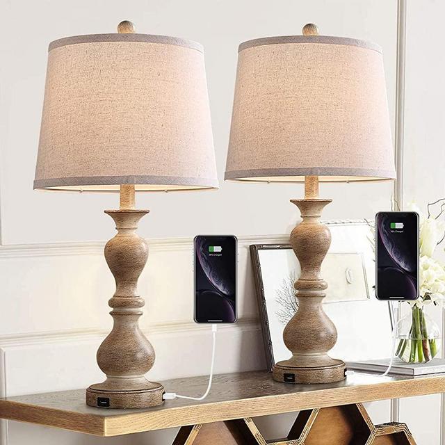 Farmhouse Table Lamp Set of 2, 26" Resin Bedside Nightstand Light with 2 USB Ports, Rustic Bedside Lamp for Bedroom Living Room Office, 2 Pack (Antique Beige Base, Beige Shade)