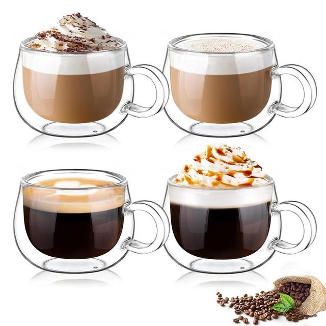 glastal Espresso Cup Set of 4, 4 Oz Double Wall Glasses Espresso Coffee Glass Cups, Borosilicate Glasses Small Coffee Tea Cups with Handle for Iced Americano, Macchiato, Birthday for Mum Dad