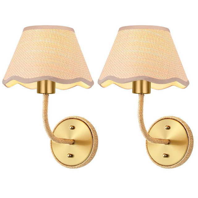 LIXDRASK Boho Rattan Wall Sconces Set of Two Gold Farmhouse Wall Lamp Rustic Brass Wall Mount Light Hardwired Wall Sconces Lighting for Bedroom Living Room Hallway Vanity, E26 Base, 2 Pack