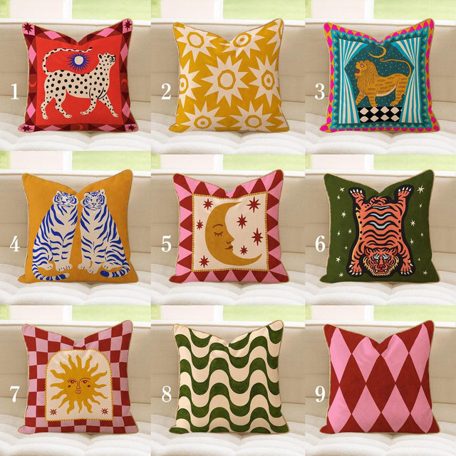Maximalist Circus Pillow Cover Collection, Eclectic Mid Century Cushion with Gold Trim, Tiger Cheetah Pillowcase, Sun Celestial Sofa Accent
