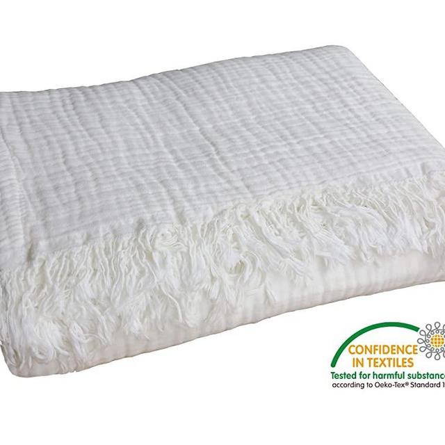 100% Organic Muslin Cotton Throw Blanket for Adult Kids Couch Bed, 4-Layer Pre-Washed Natural Plant Dyed Yarn, Breathable Soft, Cozy Warm Lightweight Bed Blanket for Summer, All Season (55"x60" White)