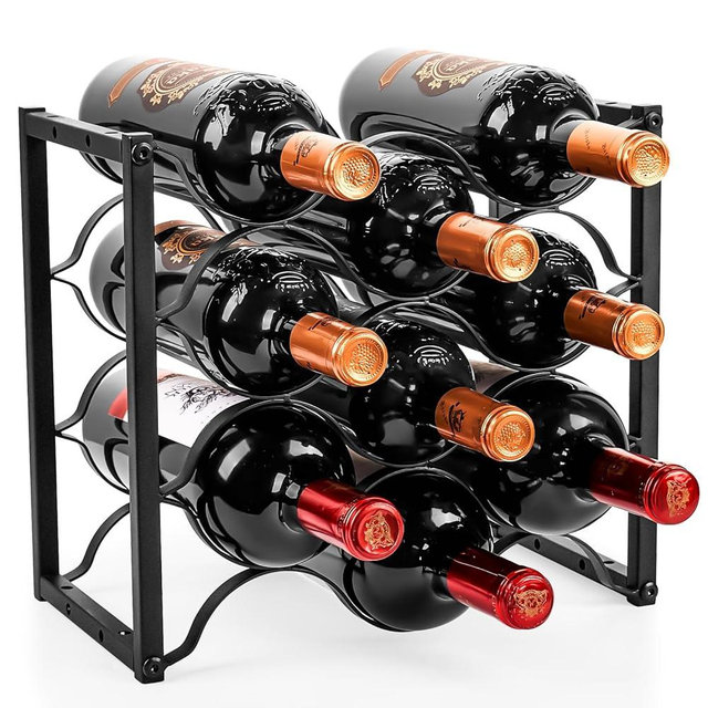 KAHLHAK Countertop Wine Rack - 9 Bottle Freestanding Modern Black Metal Wine Holder - 3 Tier Tabletop Wine Stand for Cabinet, Pantry, Bar - Durable & Space-Saving Wine Storage Organizer (1)