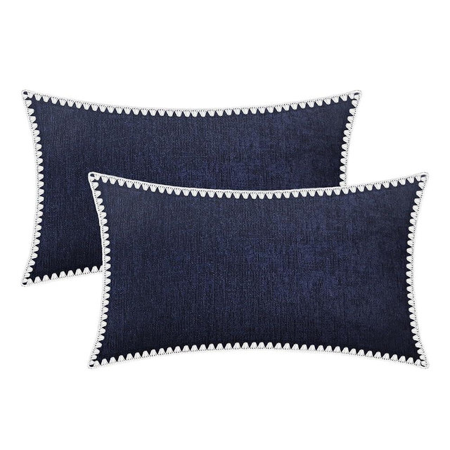 BRAWARM Throw Pillow Covers 12x20 Inches - Navy Blue Chenille Pillow Covers with Shell Edge, Pack of 2 Solid Dyed Soft Chenille Pillow Cases for Couch Sofa Bed Home Decoration